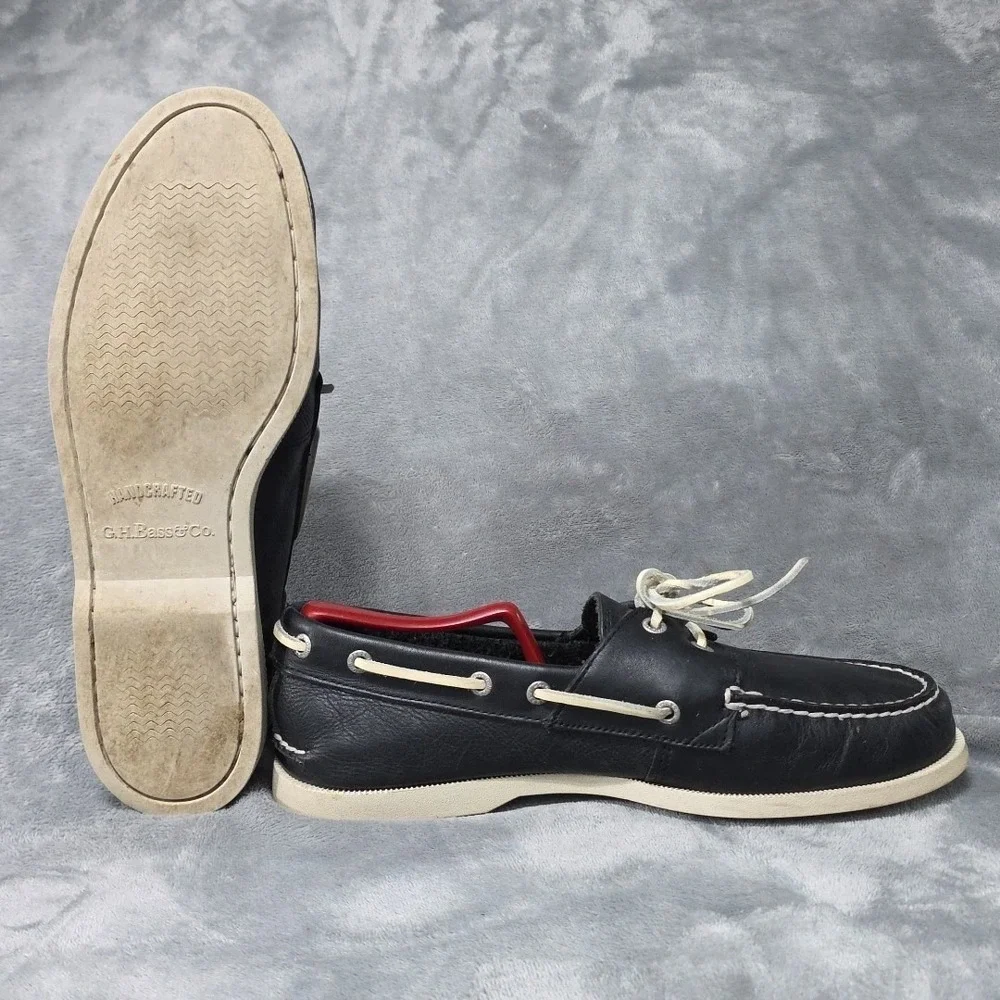 Vintage GH Bass Summer Hampton Boat Shoes Men's Size 9.5 M Black Leather Made In